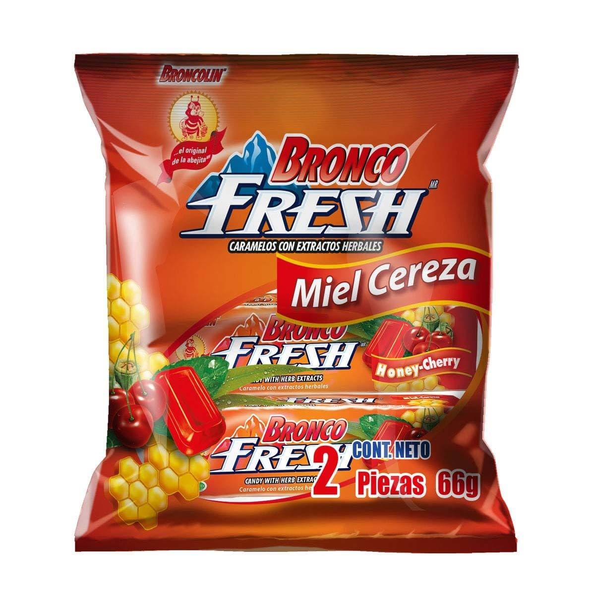 Bronco Fresh Caramelo Sab. Miel-cereza Bolsa C/2x9 Pzs. 72 G.