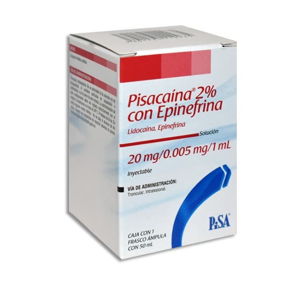 Pisacaina 2% C/epinefrina Sol. Iny. C/1 Fco. Amp. 50 Ml. 20-0.005 Mg/1 Ml.