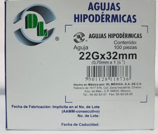 Aguja Hipodérmica (dl) 22gx1-1/4"(32mm) Cja. C/100 Pzs.