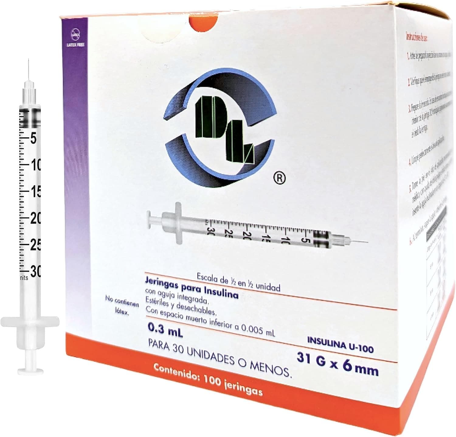 Jeringa 0.3ml. (dl) Insulina C/aguja Integrada 31gx6mm. C/ 1 Pza.