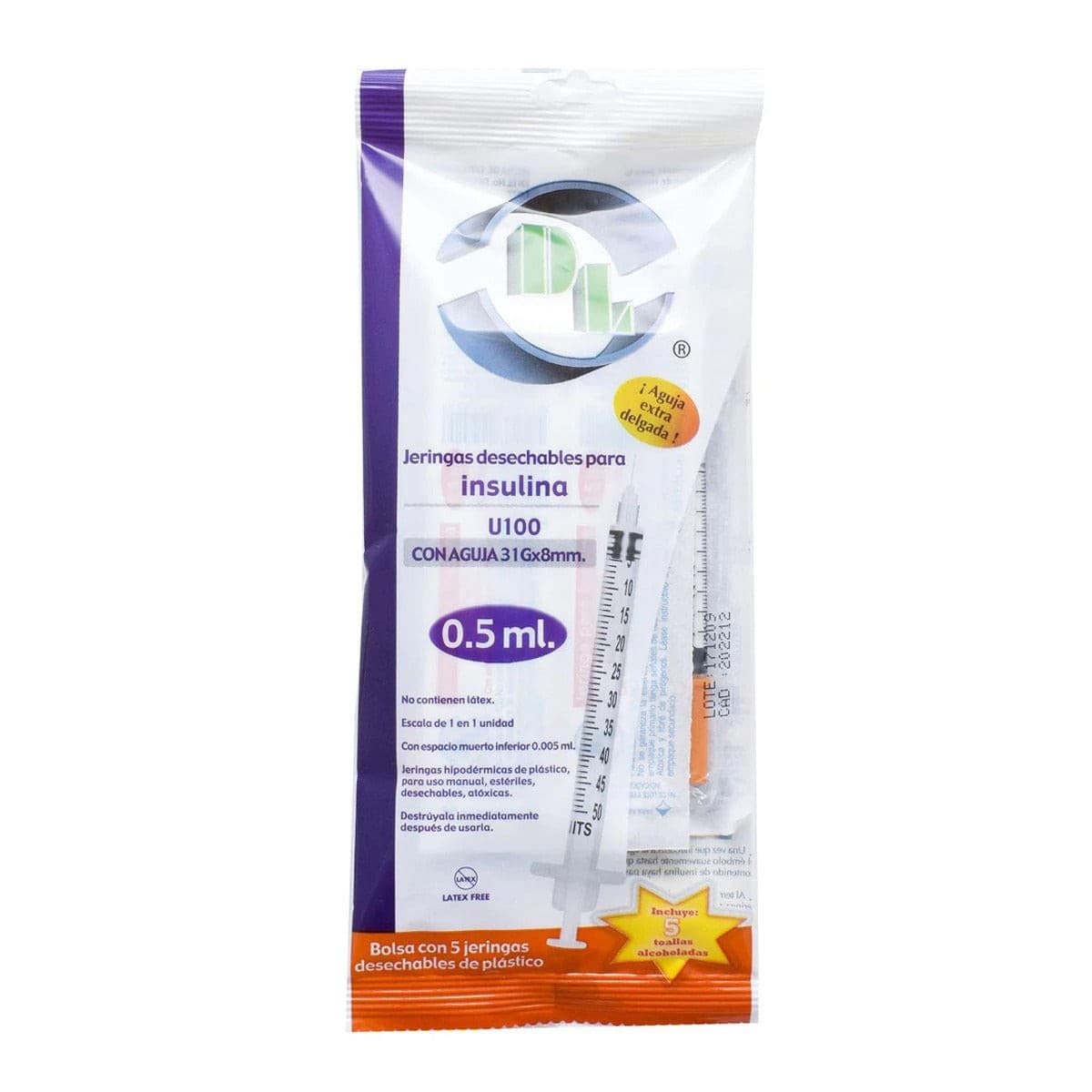 Jeringa 0.5ml. (dl) Insulina C/aguja Integrada 31gx8mm. C/ 5 Pzs.