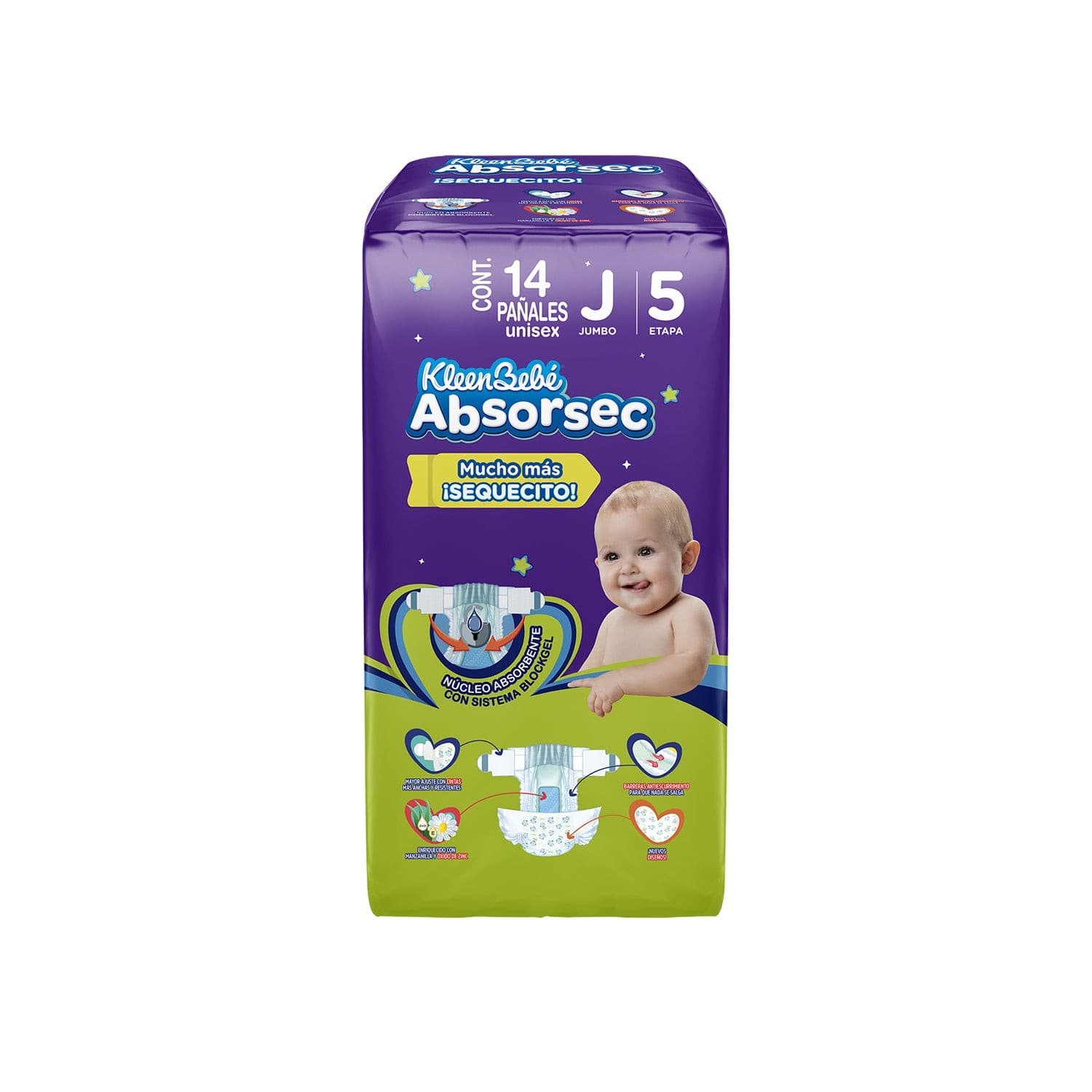 Kleenbebé Absorsec Unisex Jumbo (etapa 5 / 11-14.5 Kg.) C/14 Pzs.