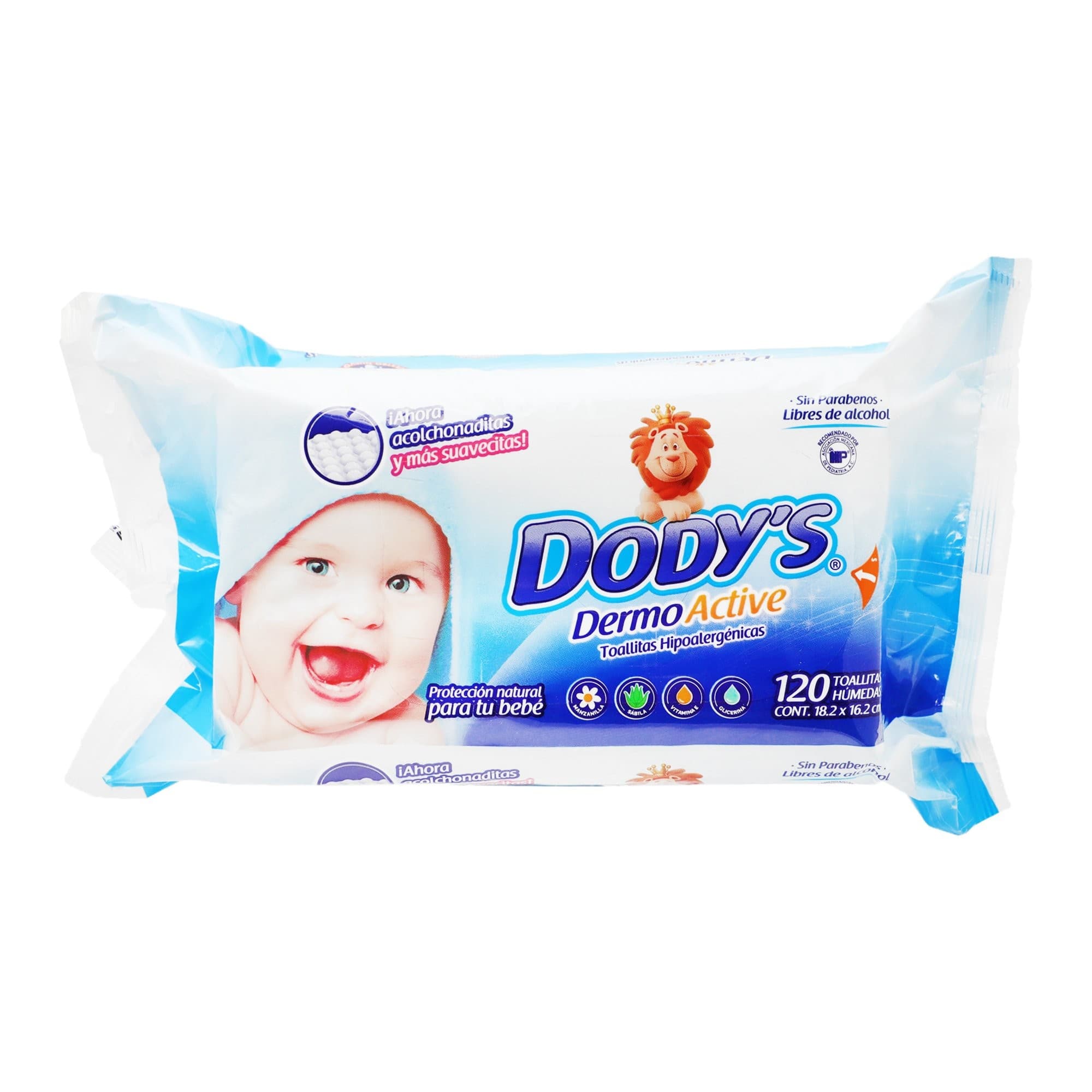 Dodys Dermo Active (azul) Toallitas Húmedas 18.2x16.2cm. Paq. C/120 Pzs.