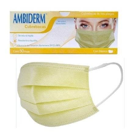 Cubrebocas Adulto Dchble. 3 Pliegues Col. Amarillo (ambiderm) Cja. C/50 Pzs.