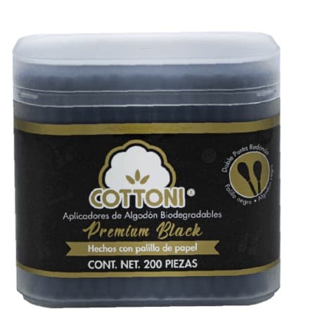 Aplicadores de Algodón Biodegradables (cottoni) Col. Negro Tarro C/200 Pzs.