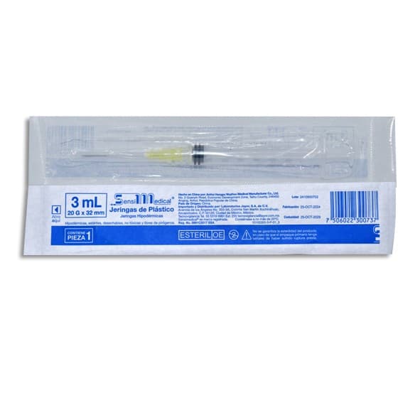 Jeringa 3 Ml. (sensimedical) C/aguja 20gx32mm. C/1 Pza.