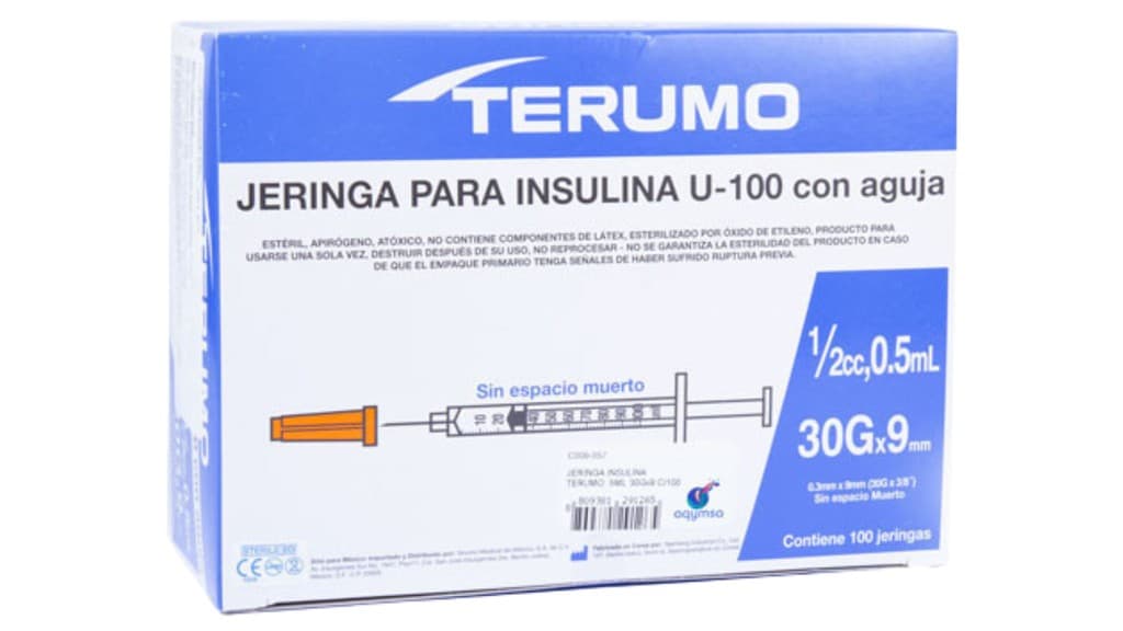 Jeringa 0.5ml. (terumo) Insulina C/aguja Integrada 30gx9mm. C/1 Pza.